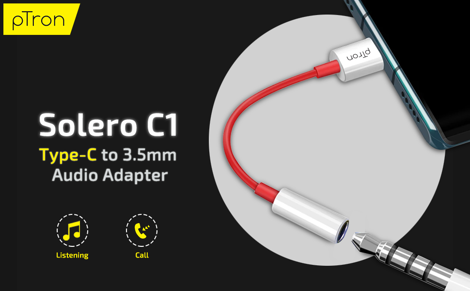 PTron Solero C1 USB Type C to 3.5mm Jack Headphones Audio Connector