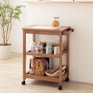 キャスター付きキッチンワゴン　新品　ブラウン　タイル天板付き キャスター付き キッチンワゴン 幅53cm 奥行30cm 可動式棚板3枚