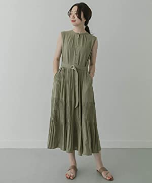 Amazon ケービーエフ ワンピース ドレス Kbf Wプリーツノースリワンピース レディース Kp05 26n260 L Khaki One ワンピース チュニック 通販