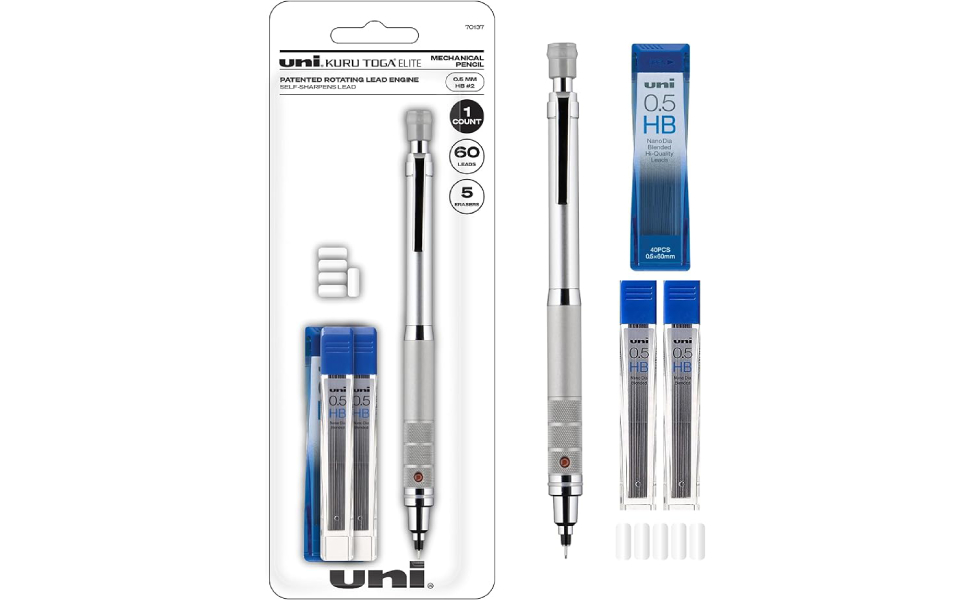 Uniball Kuru Toga Elite Mechanical Pencil Starter Kit with Silver