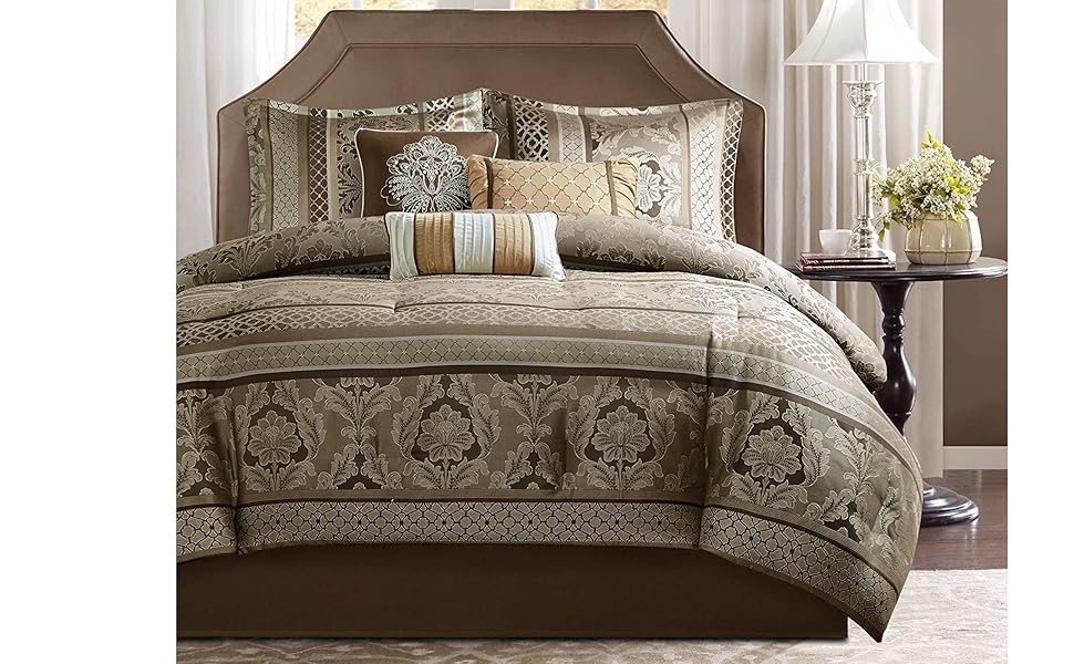 Madison Park Bellagio King Size Bed Comforter Set Bed in A Bag Brown