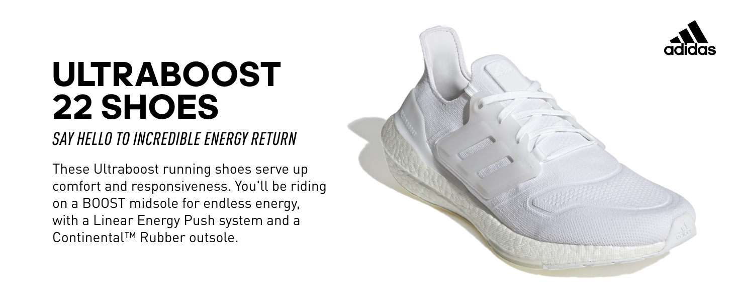 An image of an Adidas Ultraboost 22 running shoe in white, featuring a BOOST midsole for energy return and a Continental Rubber outsole, with text overlay promoting its comfort and responsiveness.