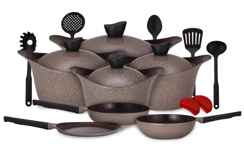 Lahoya 17 Pcs Ceradeux/Granite Cookware Set Aluminum Chocolate Marble