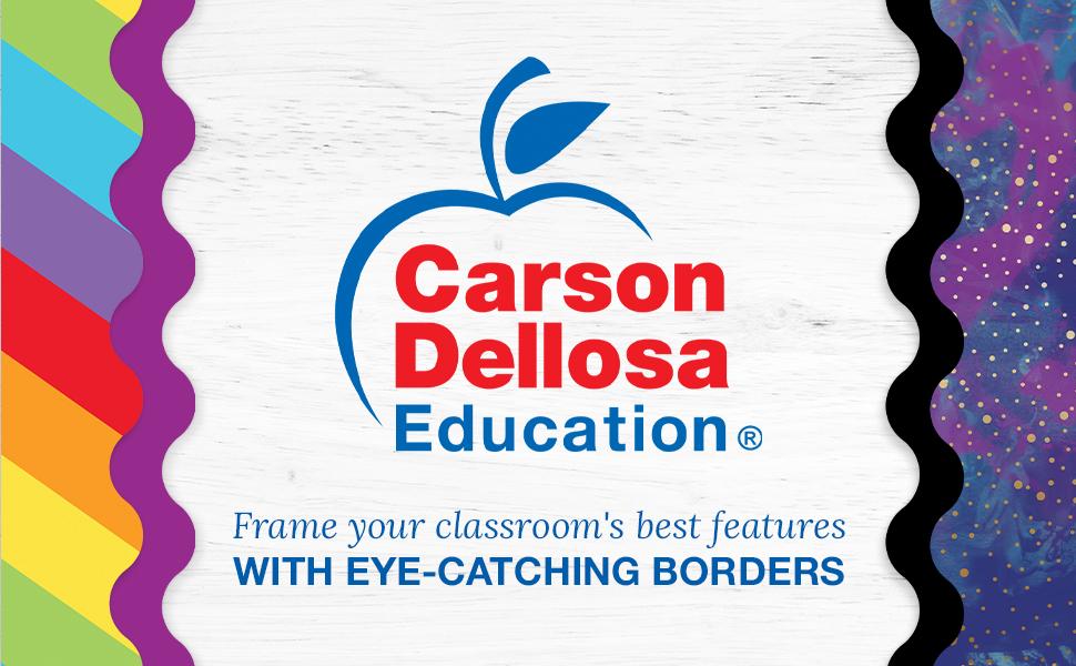 Carson Dellosa Black and White Polka Dot Bulletin Board Borders, 36 Feet of Scalloped Black and White Dot Classroom Borders for Bulletin Board, White Board, Cork Board, and Room Decor 8 Carson Dellosa logo with slogan and 4 examples of borders
