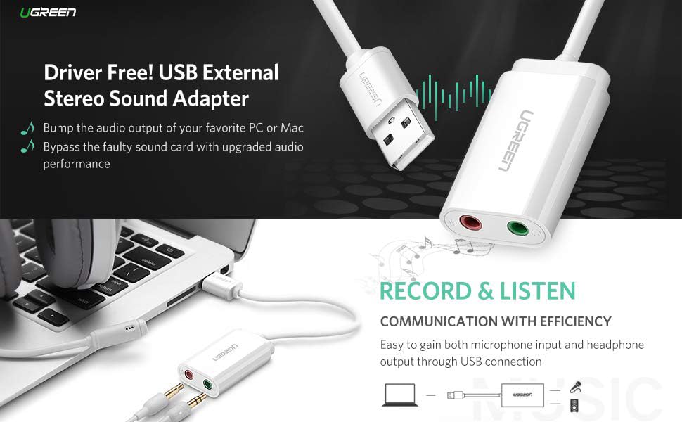 UGREEN USB Audio Adapter External Stereo Sound Card With 3.5mm Headphone And Microphone Jack