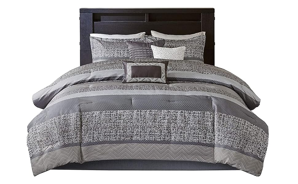 Madison Park Rhapsody Queen Size Bed Comforter Set Bed in A Bag Grey