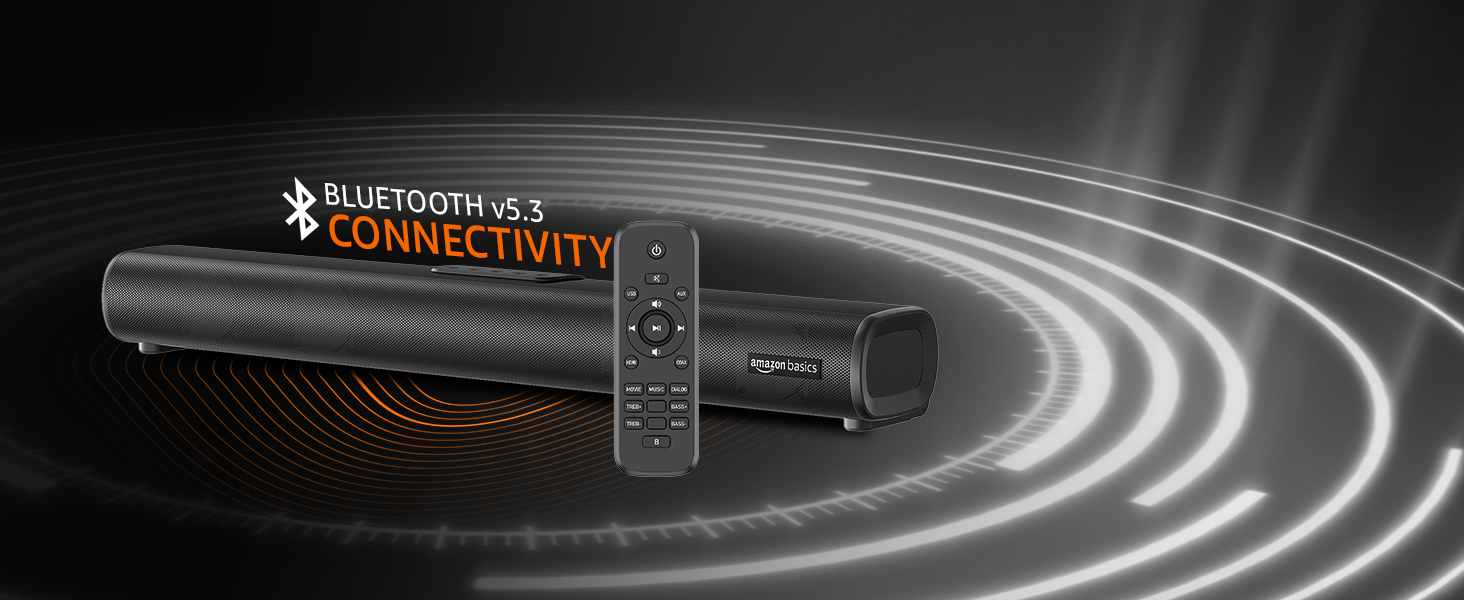 amazon basics Soundbar with 60W RMS Sound, 2.0 Channel, Multi