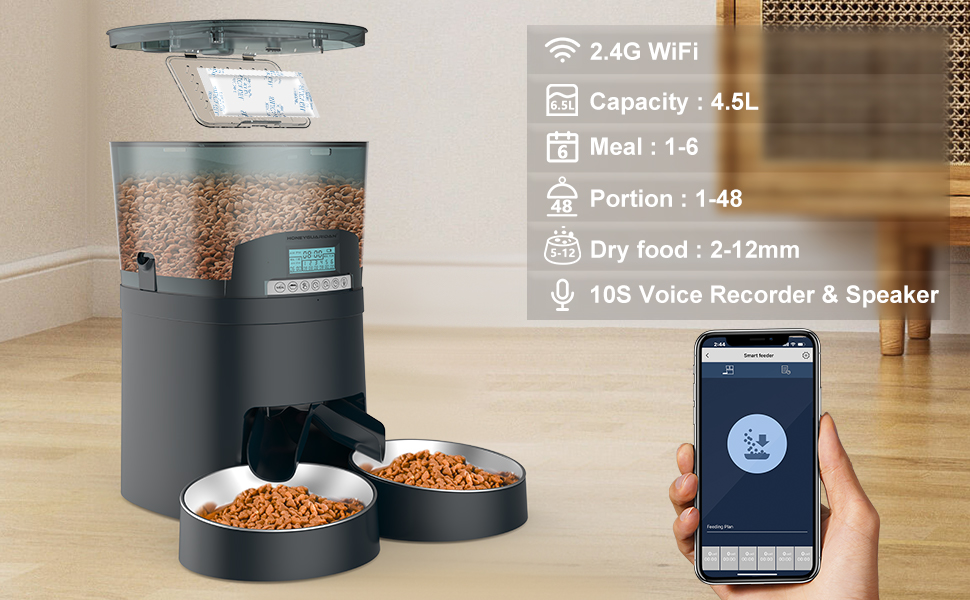 HoneyGuaridan 4.5L Automatic Cat Feeder, 2.4G WiFi Smart Pet Feeder