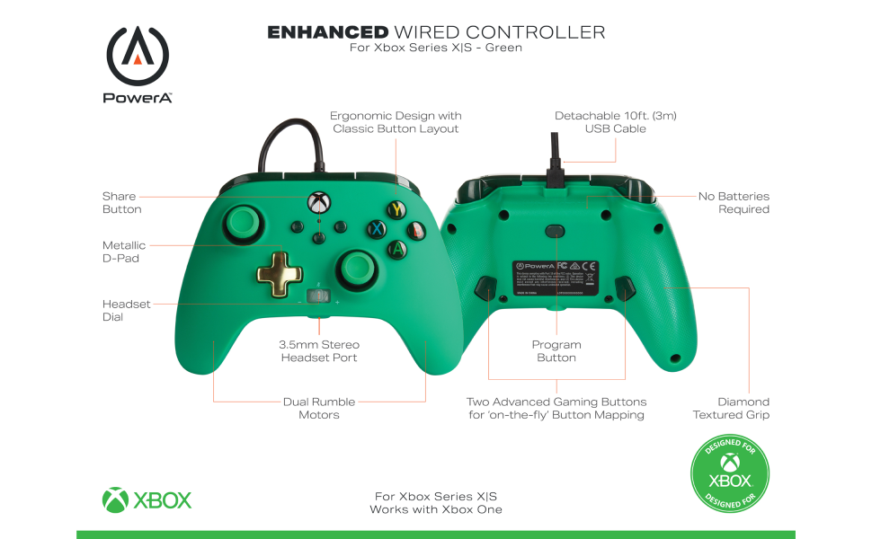 PowerA Enhanced Wired Controller for Xbox Series X|S - Green, gamepad,  wired video game controller, gaming controller, works with Xbox One