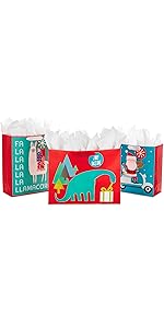 Kids Christmas gift bags with dinosaur, llama, Santa on a scooter for boys, girls and grandkids