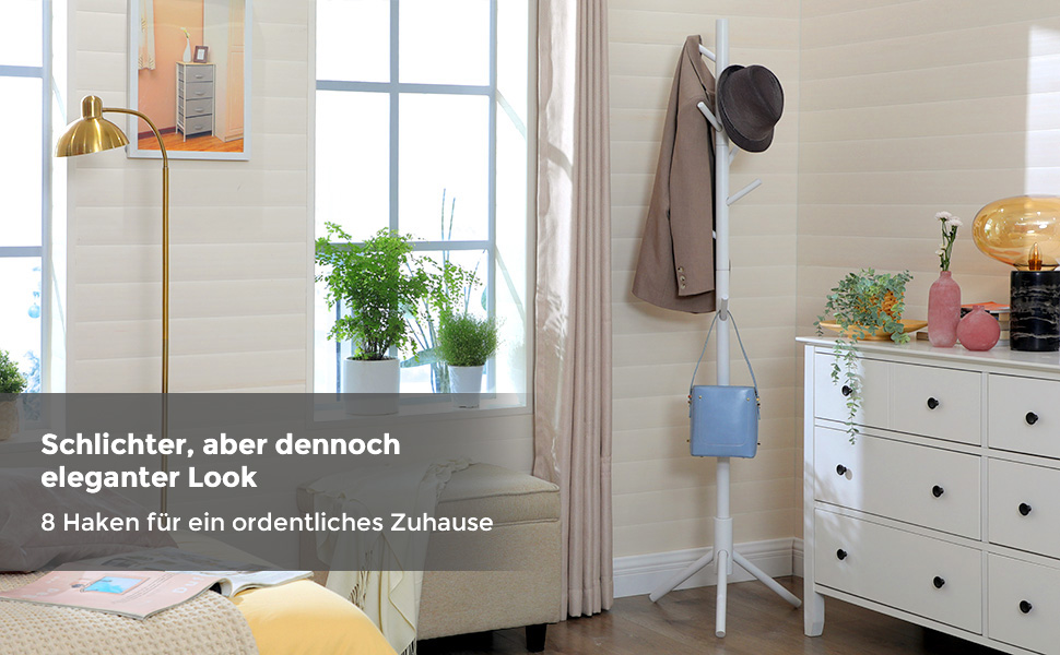 VASAGLE Garderobenständer, Freistehender Kleiderständer, Garderobe Aus Massivholz, In Baumform, Mit 8 Haken, Für Kleidung, Hüte, Taschen, Flur, Eingangsbereich, Weiß Von SONGMICS RCR04WT 13 1/