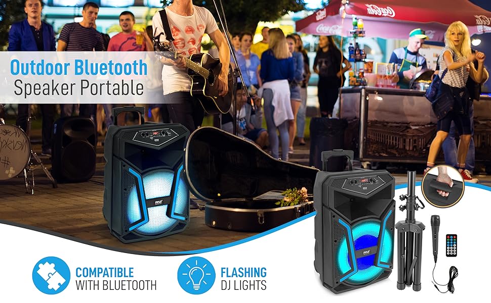 Outdoor Bluetooth Speaker Portable PA System w/Microphone in, Party Lights, MP3/USB SD Card Reader