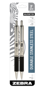 zebra pen, stainless steel ballpoint pen closeup, refillable, available in multiple point sizes