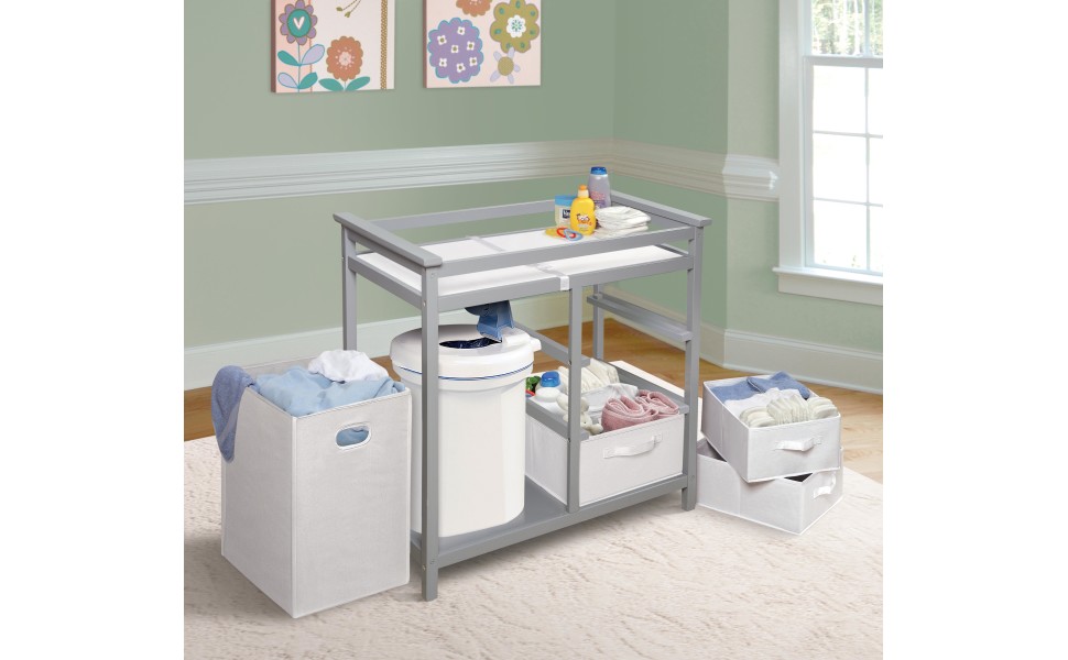 Modern Baby Changing Table with Laundry Hamper, 3 Storage Baskets, and Pad Baby