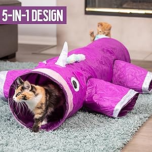 Pet Craft Supply Magic Mewnicorn Multi Cat Tunnel Boredom Relief Toys with Crinkle Feather for Cats