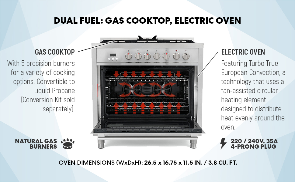 Cosmo F965 36 in. Dual Fuel Gas Range with 5 Sealed Burners, Convection