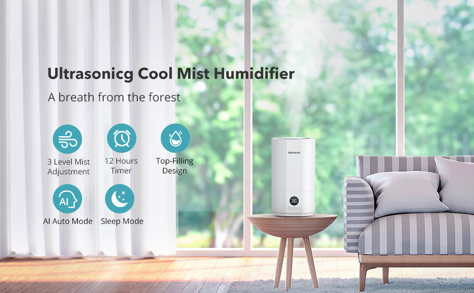 Homech Top Fill Cool Mist Humidifiers 4L Quiet Ultrasonic with AI Mode