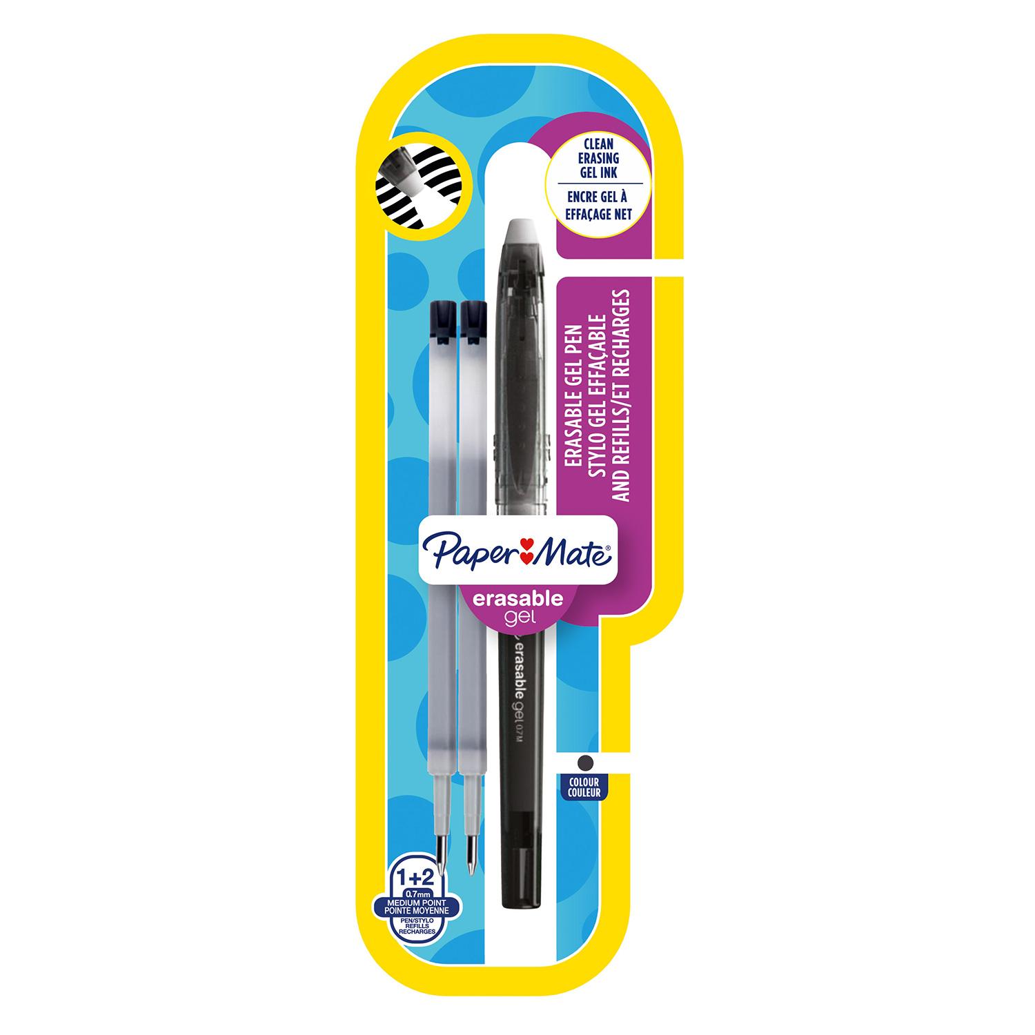 Paper Mate Erasable Gel Pen, Medium 0.7 mm Tip Black + 2 Refills