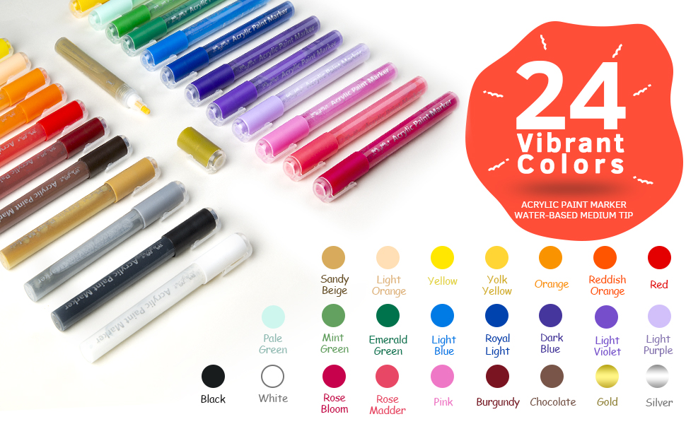 MayMoi Acrylic Paint Pens Reversible Tip 24 Colors Medium