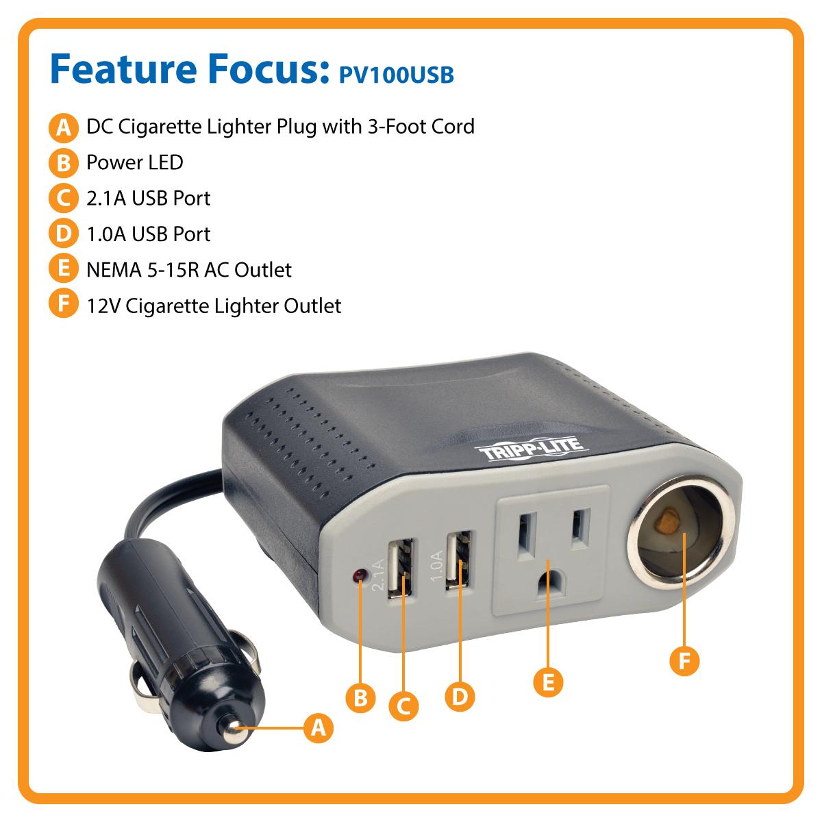 Tripp Lite 100W Car Power Inverter with 1 Outlet & 2 USB