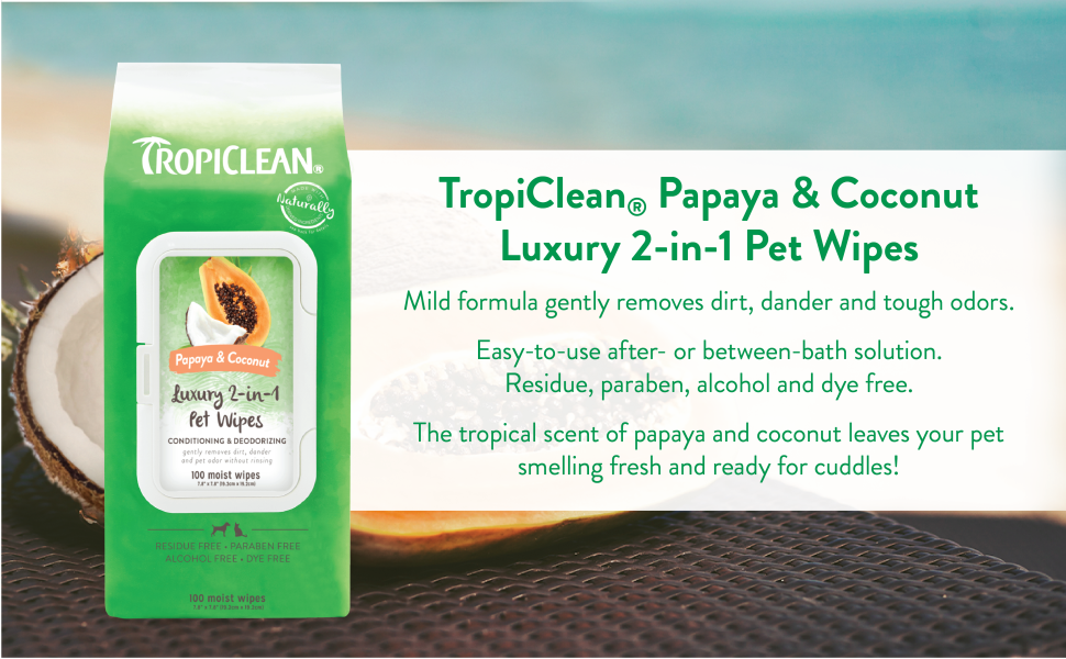 TropiClean Papaya & Coconut Luxury 2in1 Pet Wipes, 100ct