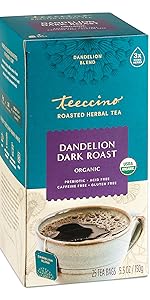 Teeccino Dandelion Dark Roast Herbal Tea is a gluten-free coffee substitute made with dandelion root