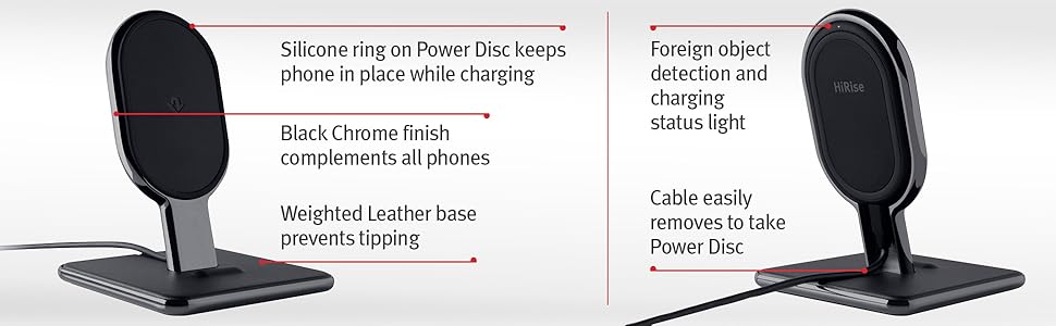 power disc, genuine leather, silicone protection, qi wireless charging, 2-in-1, vertical, horizontal