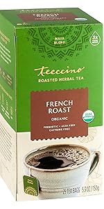 Teeccino French Roast Herbal Tea with the flavor of coffee and the convenience of steeping like tea