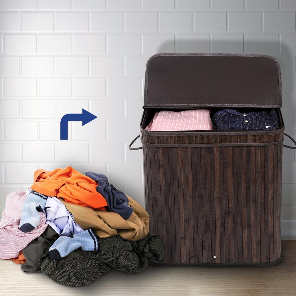 SONGMICS Divided Bamboo Laundry Basket Double Hamper with Lid Handles