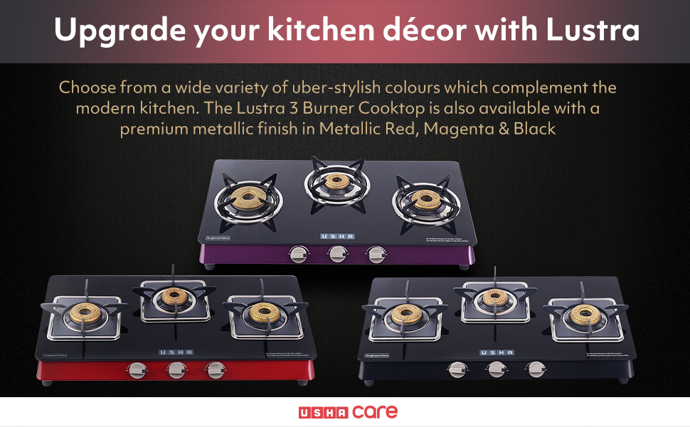 Usha Lustra GS 30018 MM Thick Toughened Glass Top 3 Burner Gas Stove