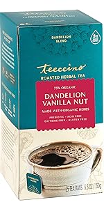 Teeccino Dandelion Vanilla Nut Herbal Tea is made with organic dandelion root for detox