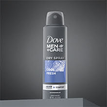 Dove Men+Care Cool Fresh Dry Spray Antiperspirant on a pedestal 