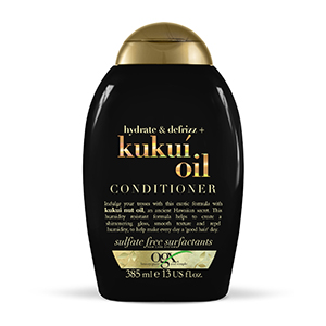 hydrate and defrizz kukui oil ogx, for frizzy hair and humidity, shampoo, conditioner, smooth hair