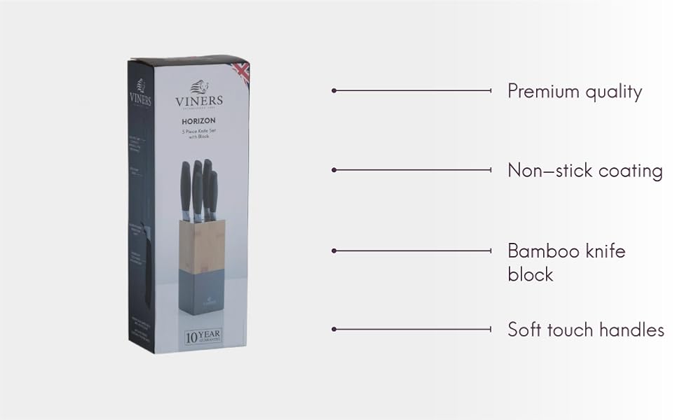 Viners Horizon Knife Block Set of 6Piece, 5 Kitchen Knives and Bamboo