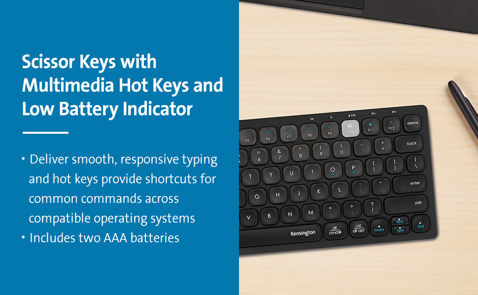 Kensington Wireless Keyboard Multi Device Dual Wireless Compact Keyboard; Connects via