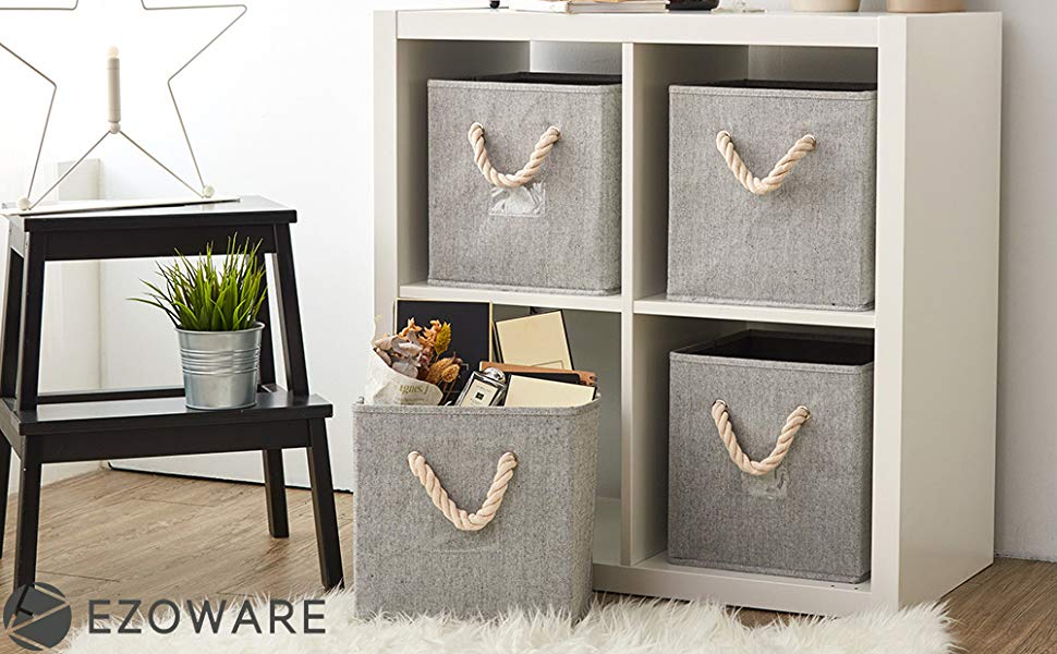 EZOWARE Set of 4 Fabric Bamboo Fabric Storage Basket Bins with Cotton