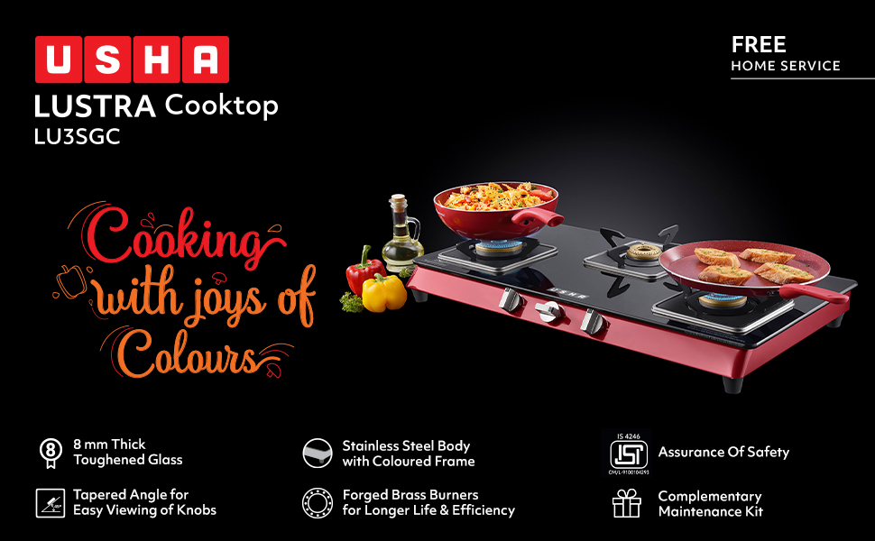 Usha Lustra GS 30018 MM Thick Toughened Glass Top 3 Burner Gas Stove