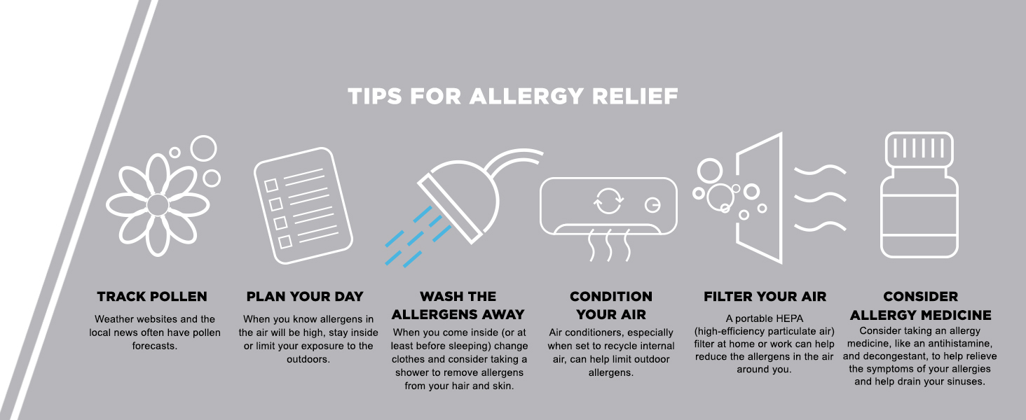 allergy relief tips, antihistamine, decongestant, track pollen, relieve allergy symptoms, sinuses