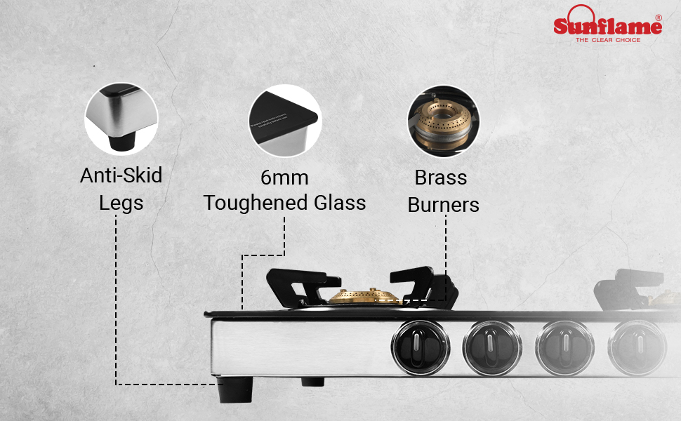 Buy Sunflame GT 4B Classic SS Toughened Glass 4 Burner Gas Stove (Manual Ignition, SS) Online at