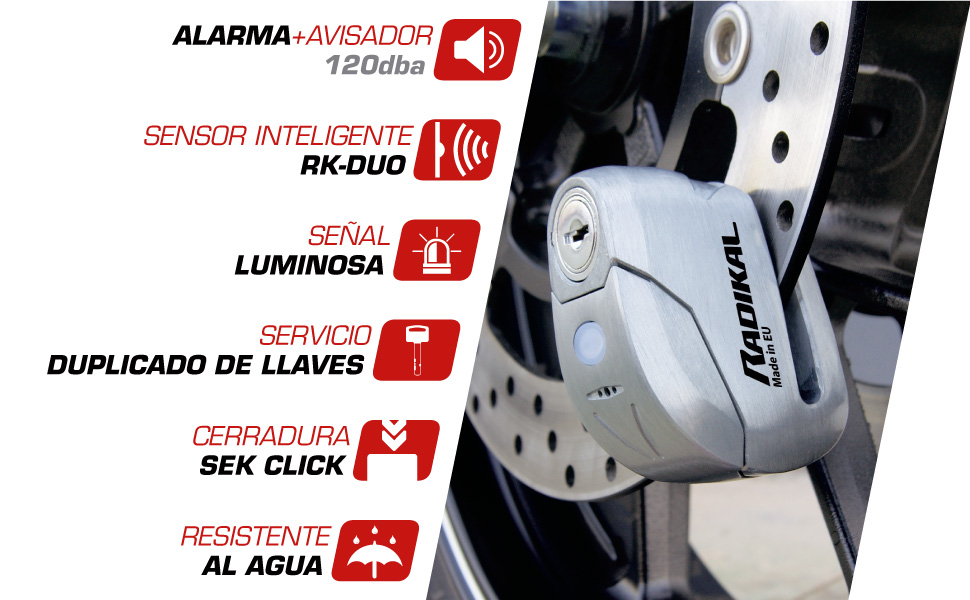 Radikal security, antirrobo, moto, alarma, disco, scooter, candado, rk9z, avisador, motocicleta, ø6