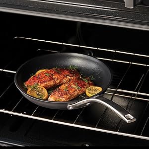 Pan with salmon in oven