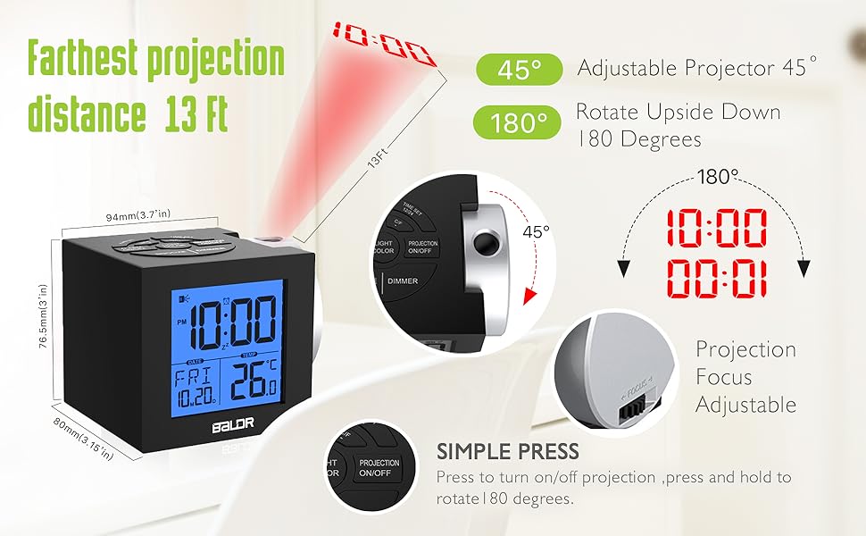 BALDR Projection Alarm Clock, Digital Alarm Clock with