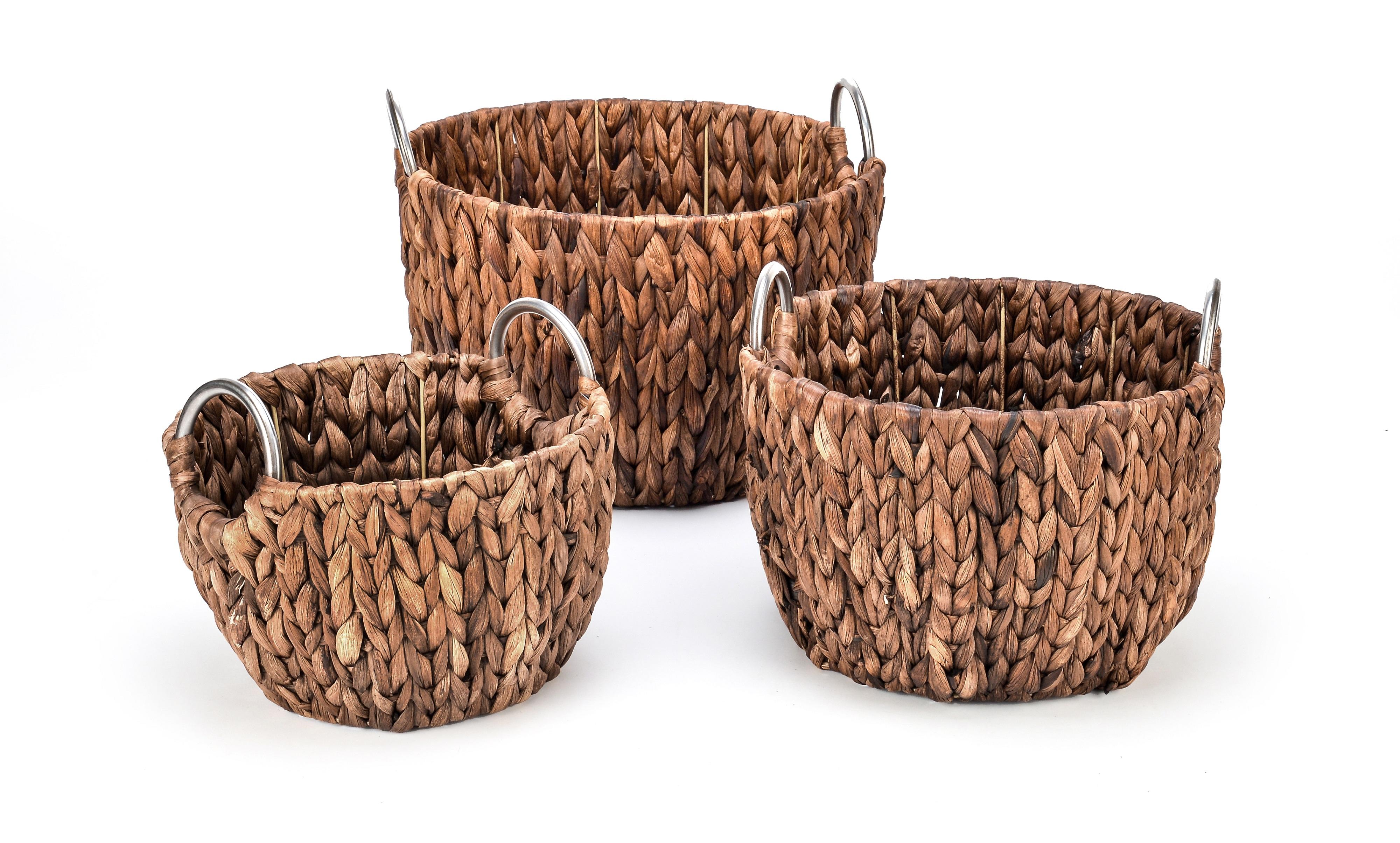 Set of 3 Round Hyacinth Baskets with Stainless Steel HandlesRich