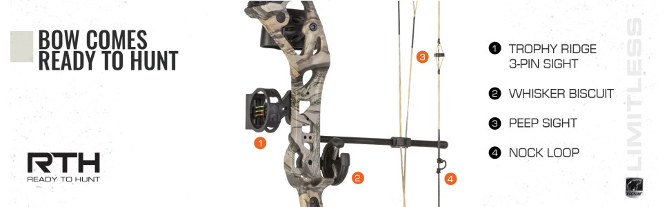 bow comes ready to hunt trophy ridge 3-pin sight whisker biscuit peep nock loop limitless