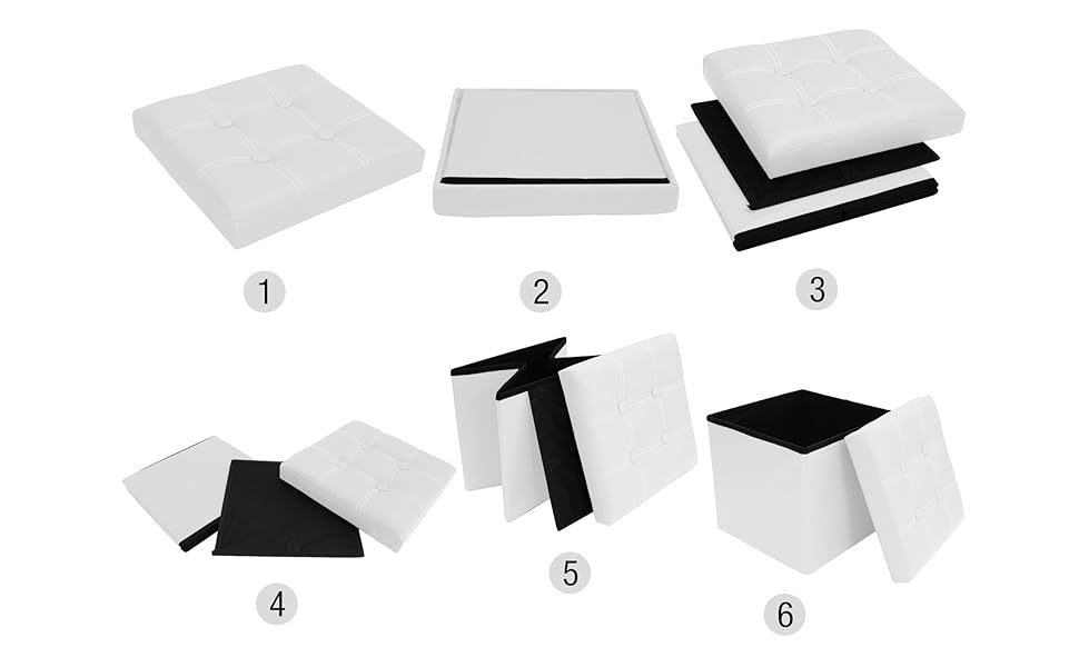 Rebecca Mobili RE4256 Pouf Contenitore e imbottito, in Finta Pelle, Pieghevole, Bianco, 30 x