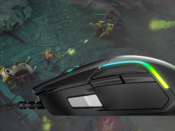 -Left side of SteelSeries Rival 5 mouse on top of Dota 2 in-game screen