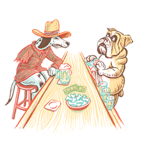 Cartoon image oof 2 dogs at a bar. One dog is having a beer, another dog is bartending.