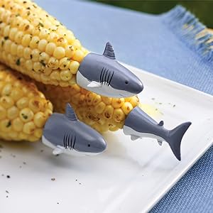 Outset corn holders; corn holder set; shark corn holders; prong corn holders; whimsical corn holders