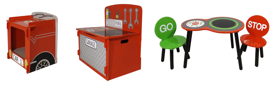 racing car bedside, toy box, table and chairs