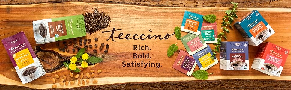 Teeccino Chicory Herbal Coffees and Roasted Herbal Teas are caffeine-free, acid-free, and prebiotic.